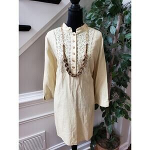 Malcolm & Co Shirt Dress Women's 2X Beige Linen Eyelet Long Sleeve Button Front